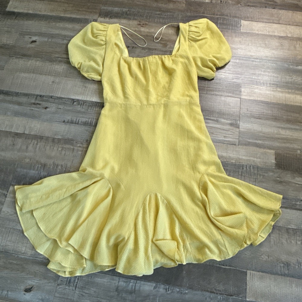 ASTR The Label Wendy Puff Sleeve Mini Dress - Yellow Flutter Hem S